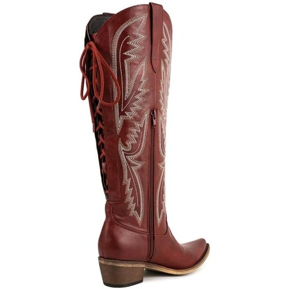 ⚡Women's Red Knee High Wide Calf Lace Up Embroidered Cowgirl Boots Pull On - Picture 5 of 7